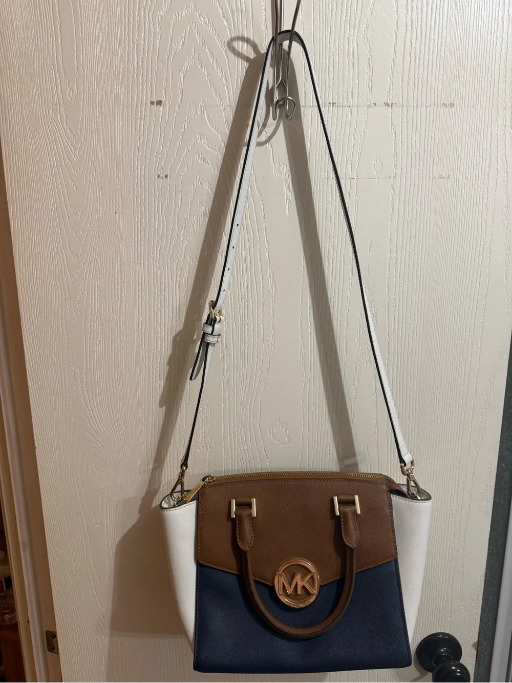 Michael Kors Brown Navy White Leather Satchel with Gold MK Accent